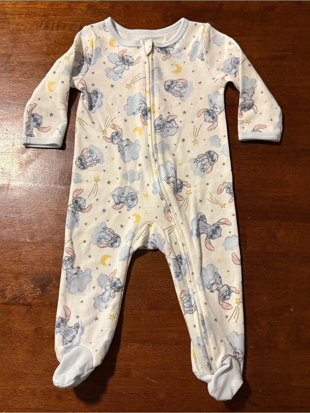 Disney Baby Blue & White Stitch Footed One-Piece Pajama 3-6m